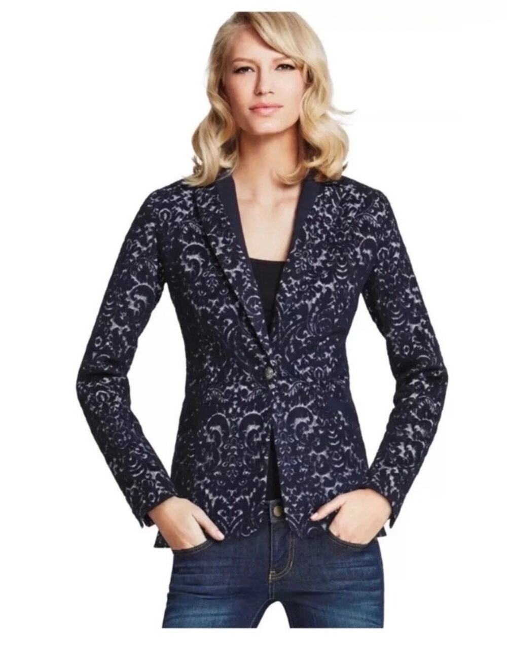 CAbi Jacquard Jacket Women’s 12 Navy Floral Blazer